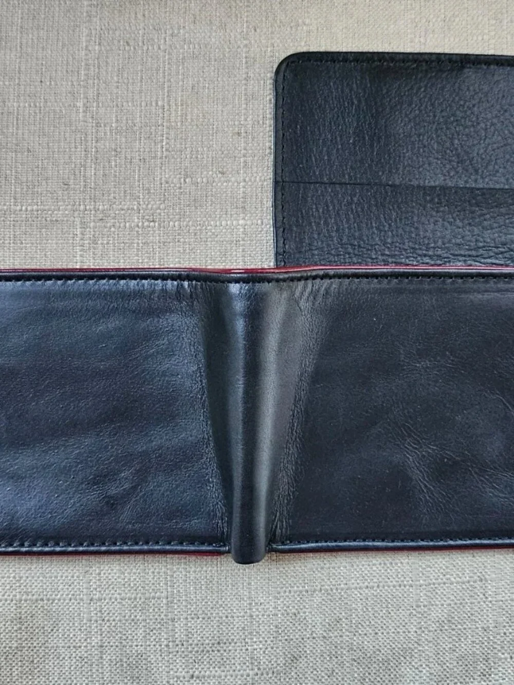 Black Leather Bifold Wallet with Red Trim Billfold Genuine Leather Handmade New